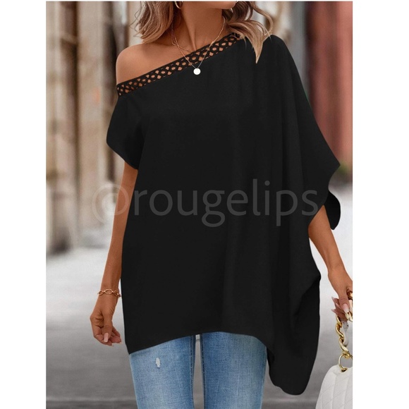 Guipure Trim Off Shoulder Black Loose Fitting Flowy Blouse Top - Picture 4 of 7